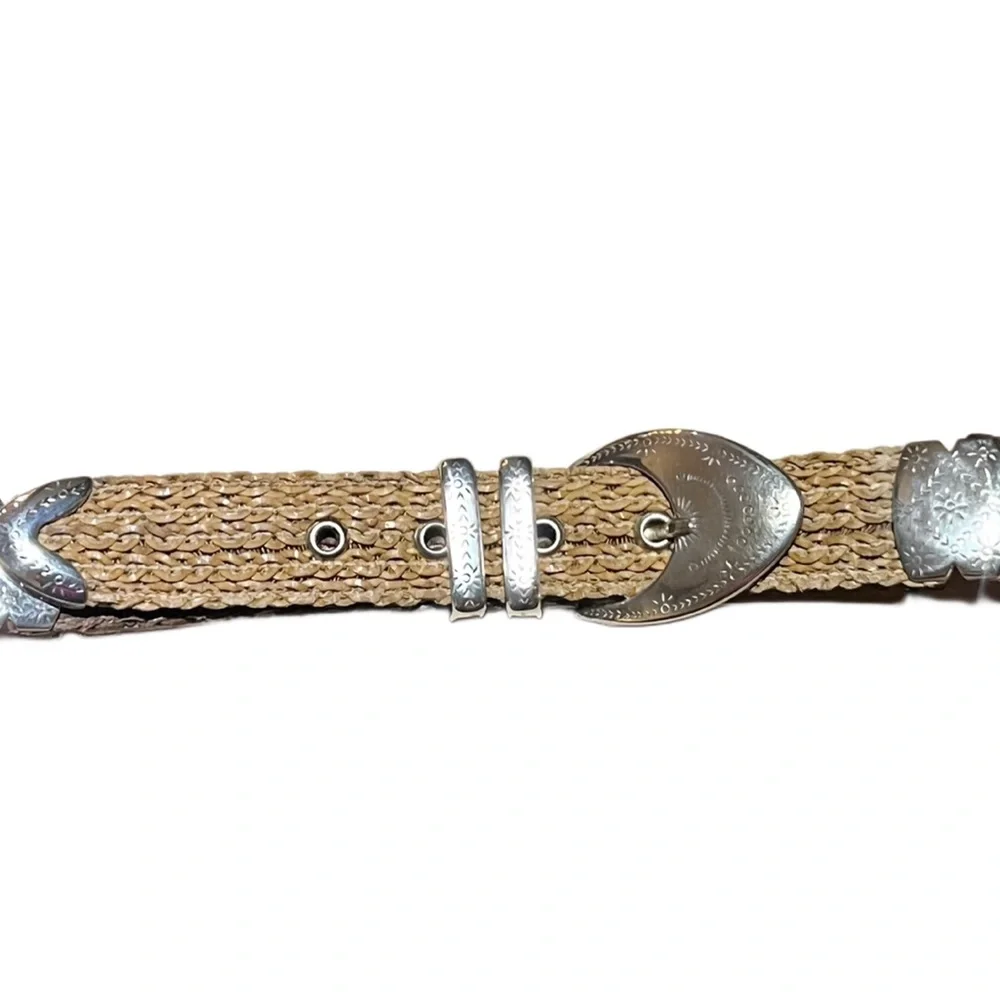Street Ahead Tan & Brown Woven Belt with Silver Etched Buckle Sz 32”